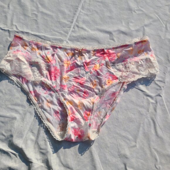 Victorias Secret Cheeky Silk & Lace Panty - White Pink Floral - Size Large - Picture 1 of 6